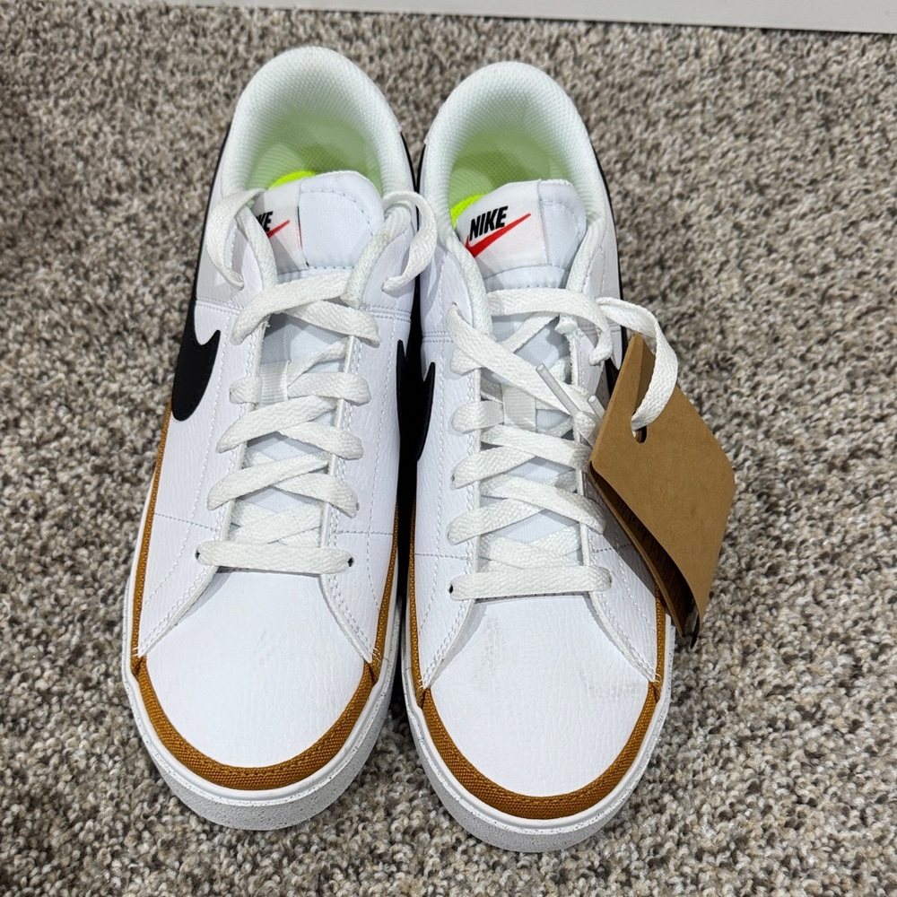 Nike White Low-Top Sneakers with Black Swoosh and Brown Trim - Picture 2 of 3